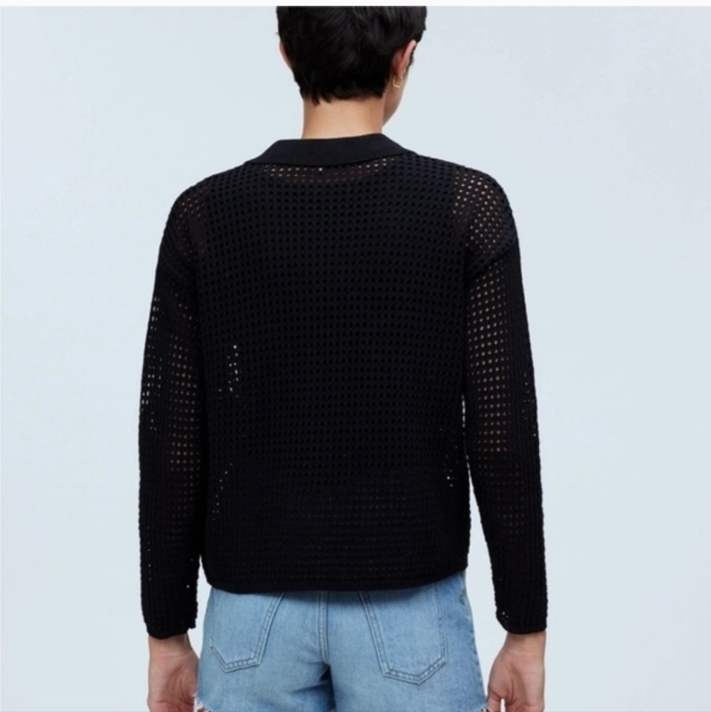 Madewell 100% Cotton Open-Stitch Polo Cardigan Sweater in Black. Size Large. - Picture 3 of 11